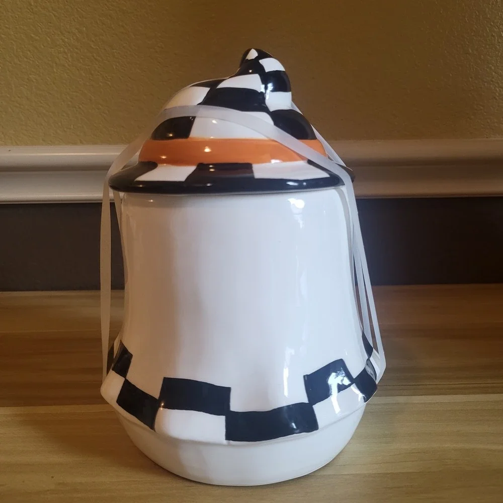 Jack O Lantern Lane Halloween Ghost Cookie Jar Pumpkin Checkerboard Ceramic NEW
